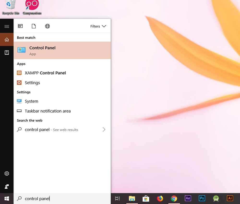 کنترل پنل در بخش جست‌و‌جوی ویندوز‌10