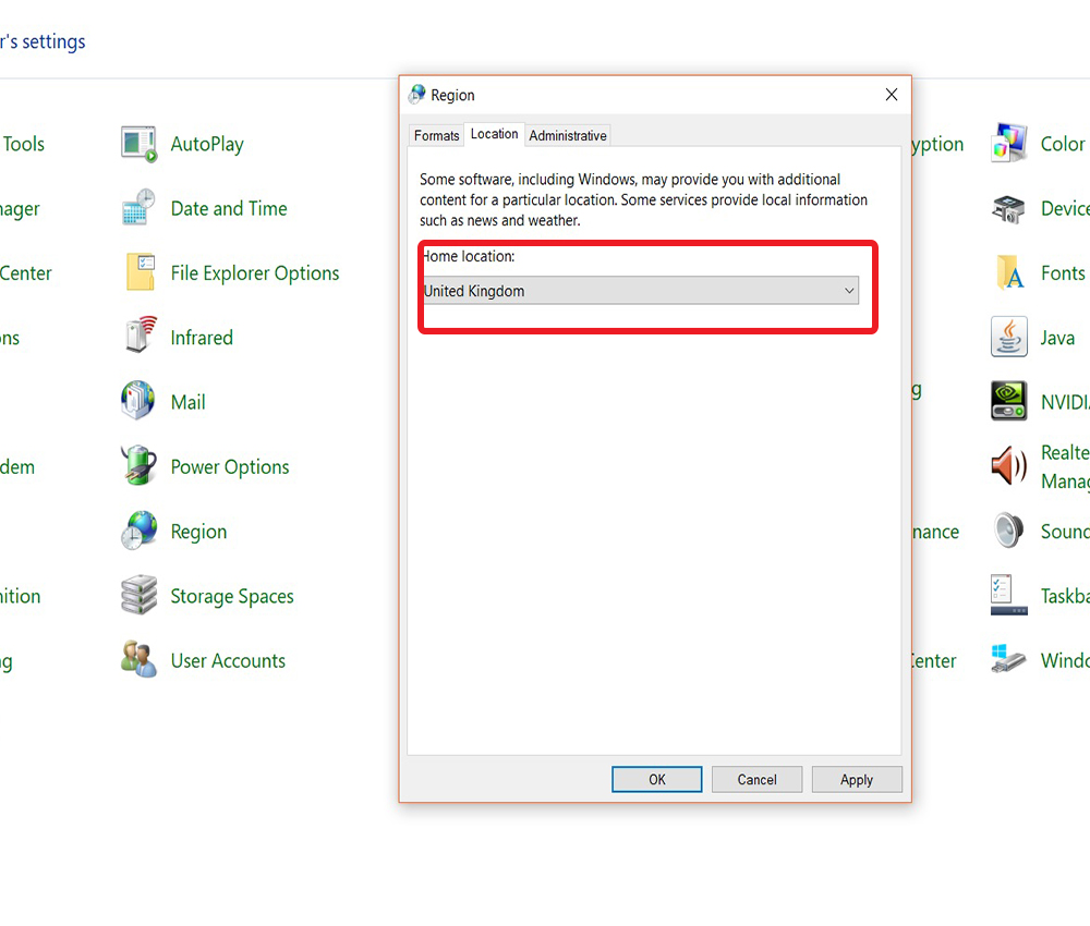 لوکیشن انگلیس در ویندوز